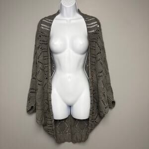 Garnet Hill Linen Blend Crocheted Neutral Grey Oversized Open Shrug Sweater Sz M